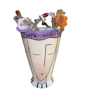 Sandra Magsamen Whimsical Ceramic Vase With Quirky Beaded Rim Mine Charms